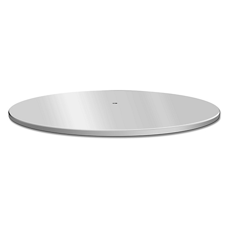 Eine flache, kreisrunde Metallplatte in Silber vor weißem Hintergrund mit einer zentralen Bohrung.