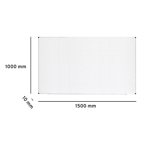 Rechteckige weiße Tafel mit silberfarbenem Rahmen. Abmessungen: 1500 mm x 1000 mm x 10 mm. Die Maße sind im Bild markiert.