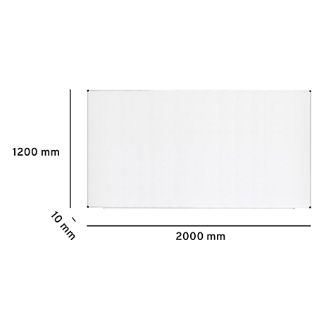 Rechteckige weiße Platte mit Maßangaben: 2000 mm x 1200 mm x 10 mm.