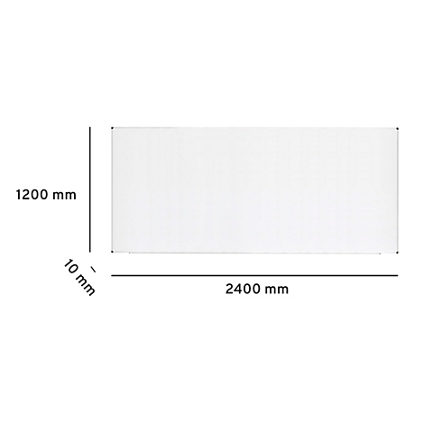 Draufsicht auf eine weiße, rechteckige Platte. Maße sind 2400 mm x 1200 mm, Dicke 10 mm.