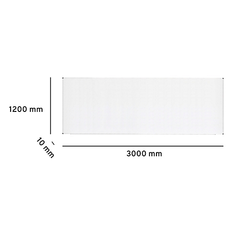 Ein weißes Rechteck, die Maße werden mit Linien und Texten angegeben: 1200 mm hoch, 3000 mm breit, 10 mm dick.