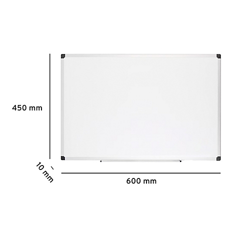Weißes Whiteboard mit Aluminiumrahmen. Maße: 450 x 600 mm.