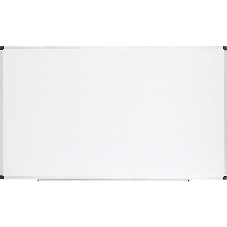 Großes, weißes Whiteboard mit silbernem Rahmen, bereit für Notizen oder Präsentationen.