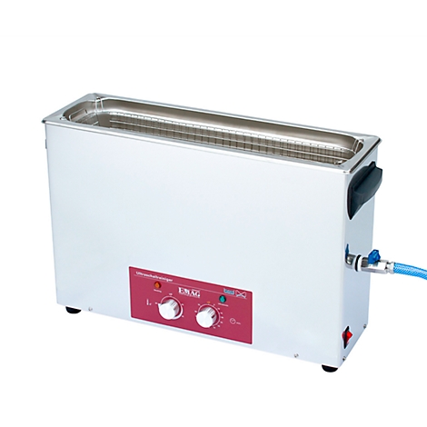 An ultrasonic cleaning device with a stainless steel basin. Two rotary controls and a red control panel. Water connection and handle.