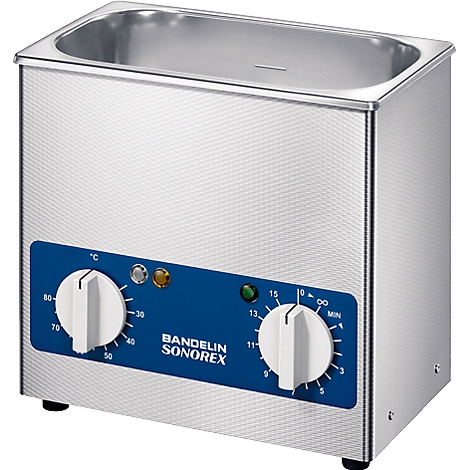 A stainless steel ultrasonic bath with two rotary controls and the inscription BANDELIN SONOREX.