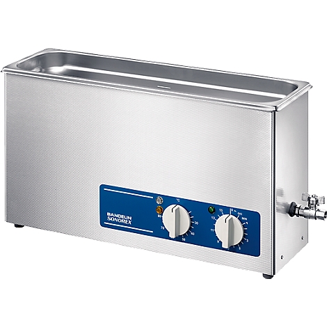 Ultrasonic bath with silver housing, blue control panel and two knobs.