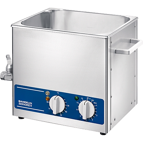 Ultrasonic bath with blue control unit, knobs and tap. The brand name "Bandelin Sonorex" is visible.