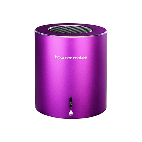 Ein lila zylindrischer Bluetooth-Lautsprecher mit silbernem Gitter oben und dem Schriftzug boomer mobile.