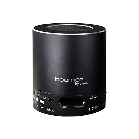 Schwarzer zylindrischer Bluetooth-Lautsprecher mit Beschriftung Boomer by ultron vor weißem Hintergrund.