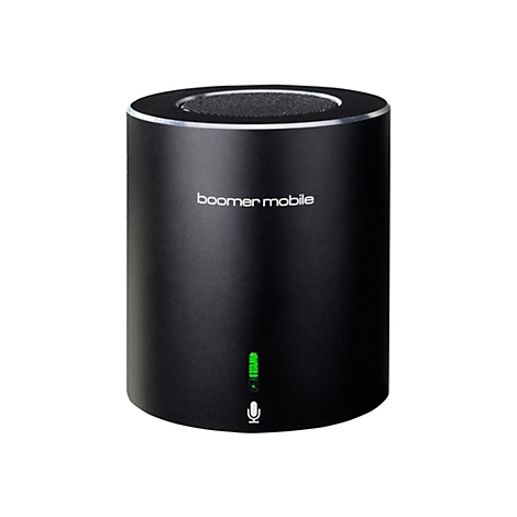 Zylinderförmiger, schwarzer Bluetooth-Lautsprecher mit silbernem Rand, 'boomer mobile' Schriftzug und grüner LED-Anzeige.