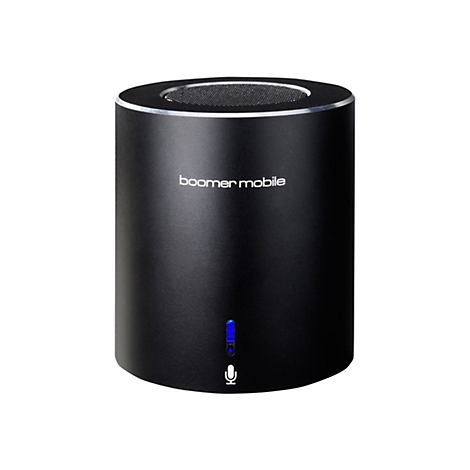 Schwarzer zylindrischer Bluetooth-Lautsprecher mit weißem Schriftzug und blauem Statuslicht.