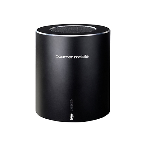 Schwarzer zylindrischer Bluetooth-Lautsprecher der Marke Boomer Mobile mit silberner Oberkante und Mikrofon-Symbol.