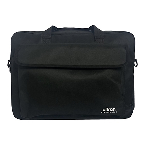 Schwarze Laptoptasche mit Tragegriffen und weißem Ultron Electronics Logo auf weißem Hintergrund.