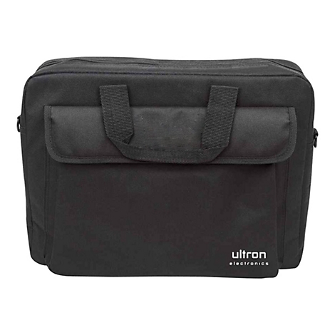 Schwarze Laptoptasche mit Tragegriffen und dem weißen Logo von Ultron Electronics rechts unten.