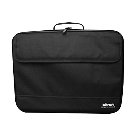Eine schwarze Laptoptasche mit Tragegriff und weißem Ultron-Logo unten rechts vor weißem Hintergrund.