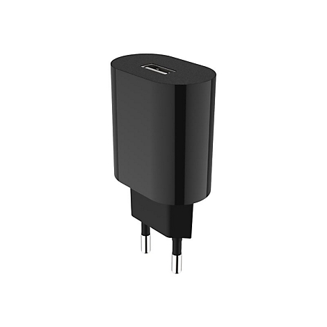 Schwarzes USB-Steckernetzteil vor weißem Hintergrund.