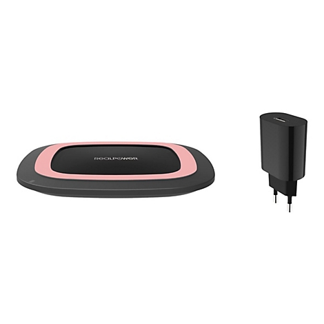 Schwarze RealPower-Ladestation mit rosa Ring und passendem schwarzen Netzstecker auf weißem Hintergrund.