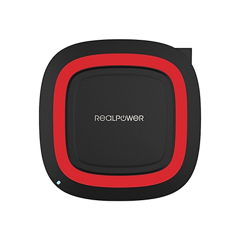 Quadratisches, schwarzes RealPower Ladegerät mit rotem Rahmen und Logo in der Mitte.