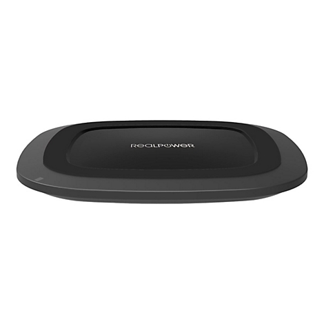 Schwarze, flache RealPower kabellose Ladestation in ovalem Design auf weißem Hintergrund.