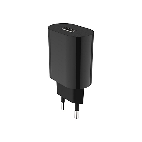 Schwarzes Wandladegerät mit einem USB-A-Anschluss an der Oberseite und Eurostecker für die Steckdose.