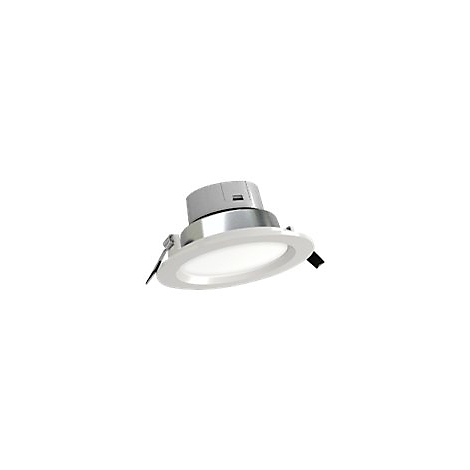 Runder LED-Einbaustrahler mit weißem Rand und silbernem Gehäuse auf weißem Hintergrund.