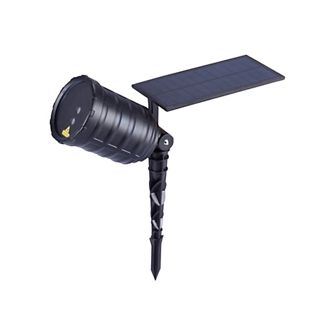 Schwarzer Solar-Laserprojektor mit Erdspieß und oben angebrachtem Solarpanel vor weißem Hintergrund.
