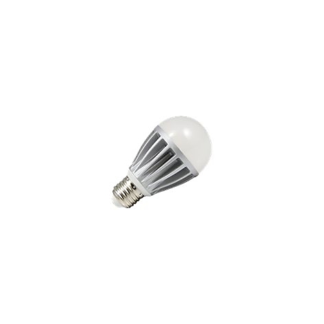 Weiße LED-Lampe mit silbernem Kühlrippensockel auf weißem Hintergrund.