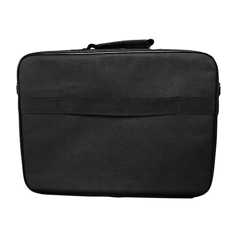 Schwarze Laptoptasche mit Tragegriff vor weißem Hintergrund.