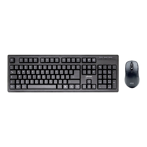 Schwarzes Ultron Computer-Tastatur- und Maus-Set mit deutschem QWERTZ-Layout auf weißem Hintergrund.