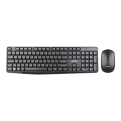 Schwarze Ultron Tastatur mit deutschem Layout und dazu passender schwarzer Computermaus auf weißem Grund.