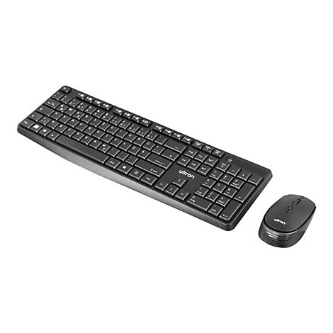 Schwarzes kabelloses Tastatur- und Maus-Set der Marke Ultron auf weißem Hintergrund.