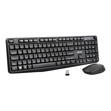 Schwarzes Ultron Tastatur- und Maus-Set mit USB-Empfänger auf weißem Grund.