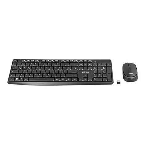 Schwarzes kabelloses Tastatur- und Maus-Set von Ultron mit USB-Empfänger auf weißem Hintergrund.