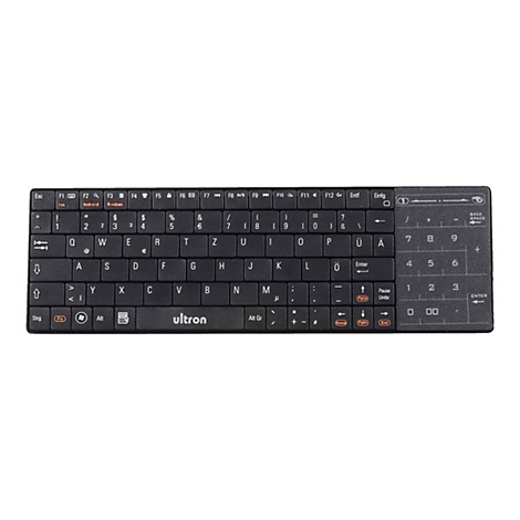 Schwarze, kompakte ultron Tastatur mit deutschem QWERTZ-Layout und integriertem Touchpad auf der rechten Seite.