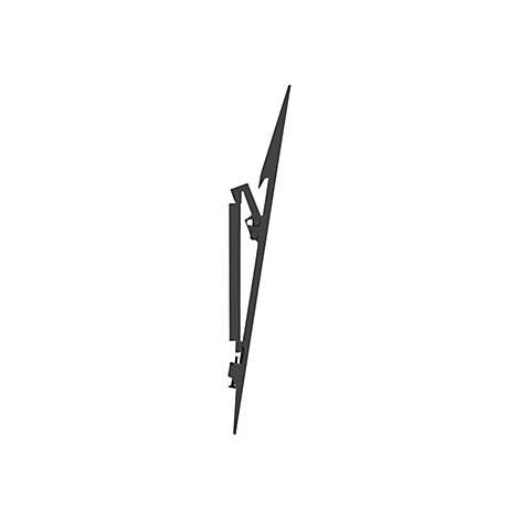 Seitliche Ansicht einer schwarzen Metall-Wandhalterung für Fernseher mit schrägem Profil.