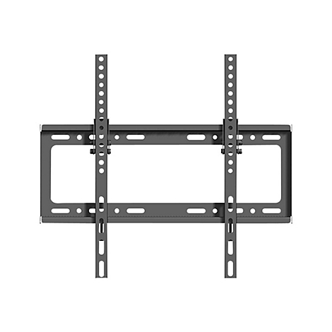 Schwarze, rechteckige TV-Wandhalterung mit zwei vertikalen Montageleisten vor weißem Hintergrund.