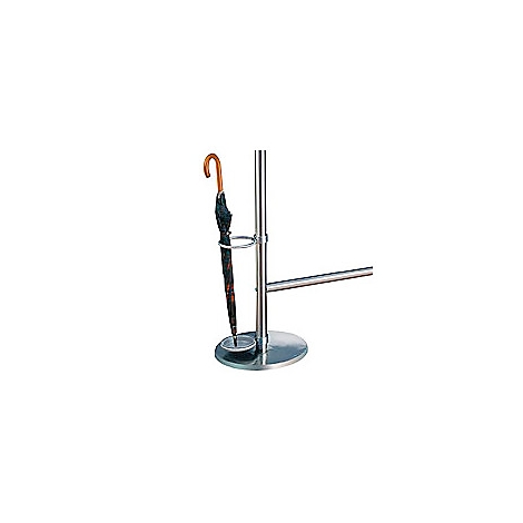 Gray umbrella stand with umbrella. The umbrella has a curved wooden handle. The stand is made of metal.
