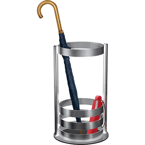 A silver umbrella stand contains a blue umbrella and a red walking stick.