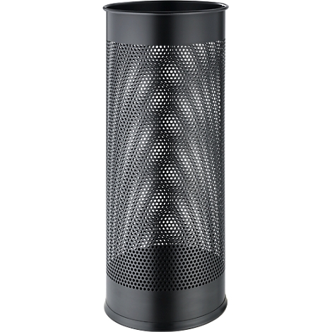 Cylindrical, black waste bin with a perforated pattern.