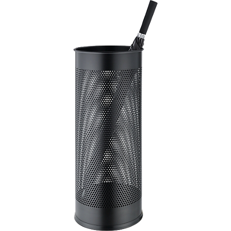 Black umbrella stand with a single umbrella.