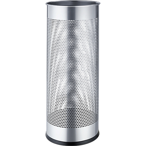 Cylindrical, silver-colored waste bin with a hole pattern. Black ring at the bottom.