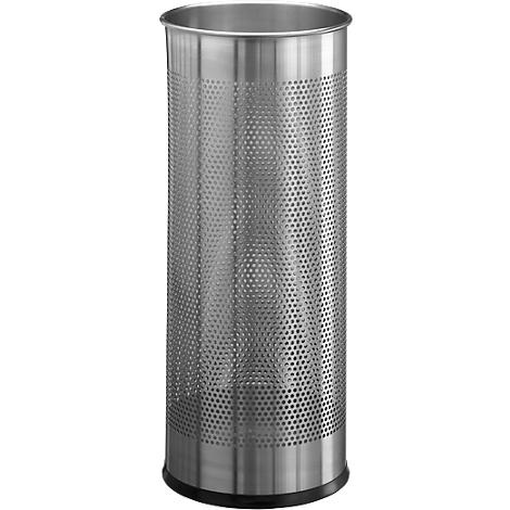 Cylindrical, silver-colored waste bin with a hole pattern.