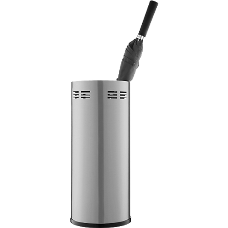 Grey umbrella stand with inserted, black umbrella.