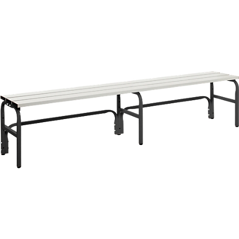 Lange, graue Bank mit schwarzem Gestell. Holzlatten, Stahlrohr. Ideal für Wartebereiche, Umkleiden.
