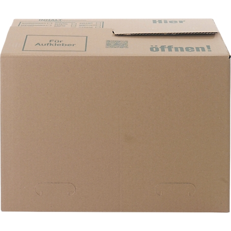 Ein brauner Karton mit der Aufschrift "Für Aufkleber" und "öffnen!" sowie Grifföffnungen.