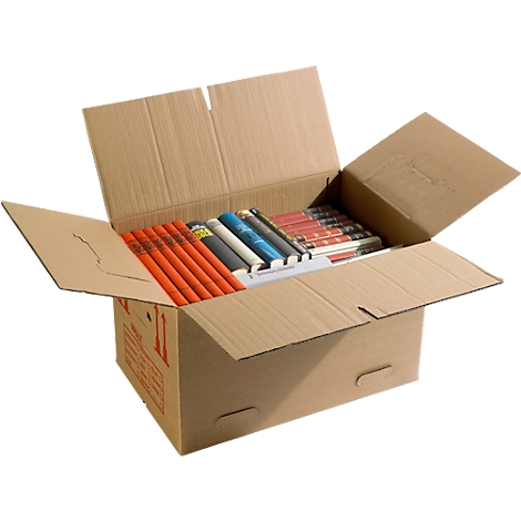 Offener Karton voller Bücher: rote, blaue und weiße Buchrücken. Der Karton ist braun.