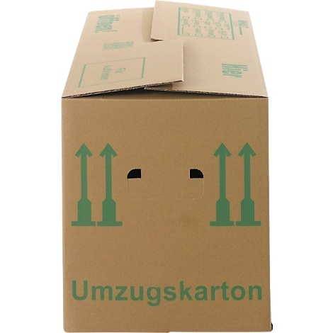 Brauner Umzugskarton mit Pfeilen und der Aufschrift 'Umzugskarton'.