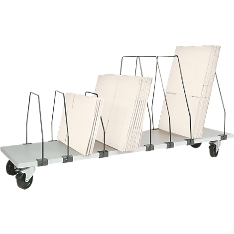A gray cart with four compartments, filled with stacks of cardboard boxes.