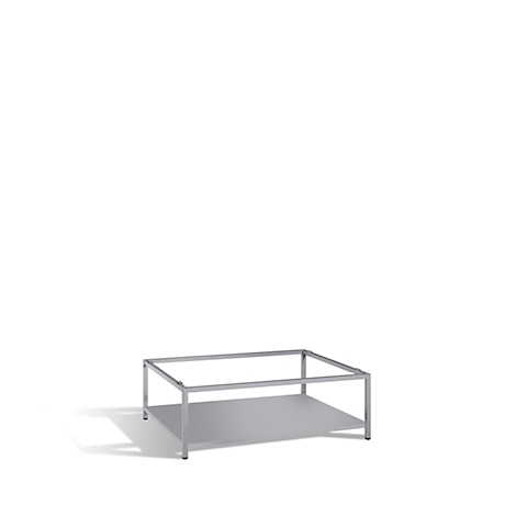 A rectangular, silver coffee table, consisting of a frame and a shelf. It stands against a white background.