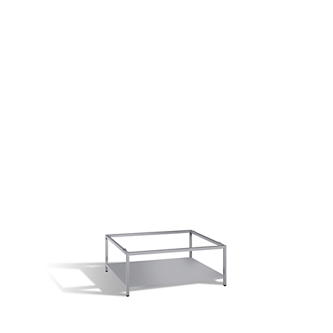 Square, silver-colored table with a rectangular base, isolated on a white background.